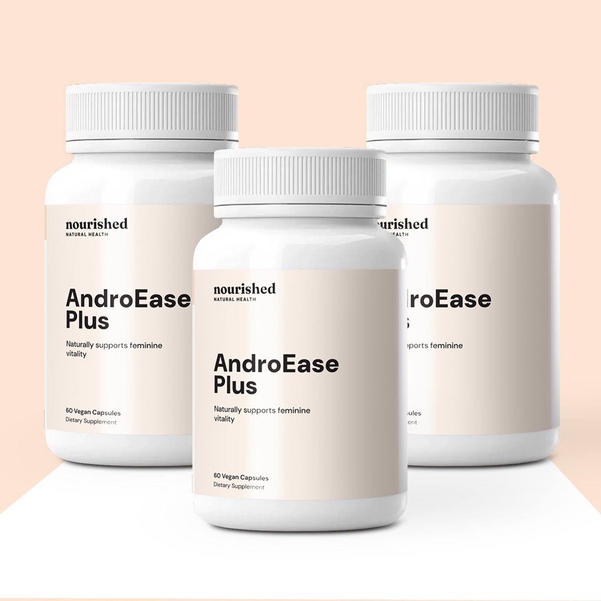 Multiple bottles of AndroEase Plus — trusted hormonal support supplement for women with PCOS